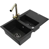 Mexen Gaspar 1,5-Becken-Granitspüle mit Abtropffläche und Mischbatterie Duero, Schwarz - 6507-77-671600-50-B