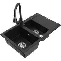 Mexen Gaspar 1,5-Becken-Granitspüle mit Abtropffläche und Mischbatterie Elia, Schwarz - 6507-77-670101-70