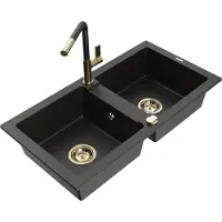 Mexen Mario 2-Becken-Granitspüle mit Mischbatterie Flora, Schwarz/Gold metallisch - 6504-75-670401-57-G