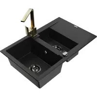 Mexen Gaspar 1,5-Becken-Granitspüle mit Abtropffläche und Mischbatterie Rita, Schwarz - 6507-77-670300-50-B