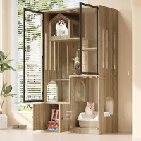 Sweiko Katzenkäfig, Katzenhaus, Katzenvilla, Glas-Katzenhaus, vierstockiger großer Katzenzaun, winterfester Katzenhaus, winterfestes Kleintierhaus, mit Kratzpfosten, Naturholzfarbe,90x50x160cm