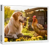 Raxxa Premium-Puzzle "Sunny Day Buddies: Labrador and Hen Bask in Garden Salad Bed", 1000 Teile