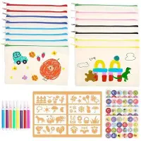 OEM Kunststofftas mit 15 Fächern, inkl. Etui, Kunststofftas für Malen, Geldbörse mit Reißverschluss, weiß, mit Tierstickern, 8 Farbstiften, 8 Stempeln, Malset für Kinder
