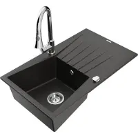 Mexen Cesar 1 Becken-Granitspüle mit Abtropffläche und Mischbatterie Elia, Schwarz/Gold metallisch - 6514-75-670101-00