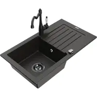 Mexen Pablo 1 Becken-Granitspüle mit Abtropffläche und Mischbatterie Carla, Schwarz/Gold metallisch - 6510-75-670700-70-B