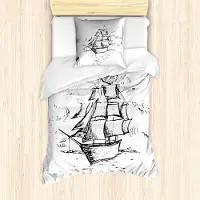 Abakuhaus Vintage Nautical Tattoo Bettbezug Set, Flüchtiger Blick Monochrome Hand Drawn Motiv des Segelboot-Druck, 135 x 200 cm + 80 x 80 cm, Charcoal Grau Weiß