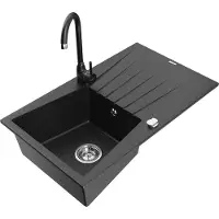 Mexen Cesar 1 Becken-Granitspüle mit Abtropffläche und Mischbatterie Telma, Schwarz/Silber - 6514-73-670200-70