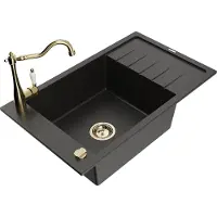 Mexen Elias 1 Becken-Granitspüle mit Abtropffläche und Mischbatterie Carla, Schwarz/Gold metallisch - 6511-75-670700-50