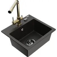 Mexen Milo 1-Becken-Granit-Spüle mit Mischbatterie Duero, Schwarz/Gold metallisch - 6505-75-671600-50-B