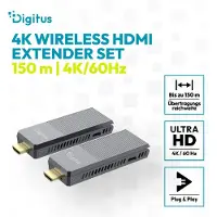Digitus 4K Wireless HDMI Extender Set, 150 m, 4K/60Hz, 3840 x 2160 Pixel, AV-Sender & -Empfänger, 150 m, Kabellos, Schwarz, Grau, HDCP
