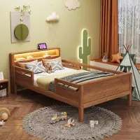 Merax Holzbett 90x200cm mit USB & Typ-C Steckdose, Kinderbett Einzelbett mit LED-Licht & Ablage-Kopfteil, Multifunktionsbett aus Kiefernholz, Natur