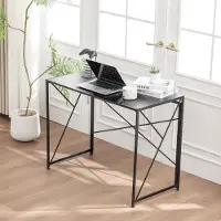OKWISH Schreibtisch mit Metallbeinen, Schlichtes Design, Computertisch 99x50x75 cm,Platzsparend, für kleine Wohnungen,Schwarz