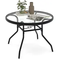 Costway Gartentisch, Ø 70cm Beistelltisch Outdoor mit Schirmloch & Glasplatte, runder Terrassentisch, Balkontisch, Kaffeetisch
