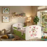 Happy Babies Kinderbett - mit Rausfallschutz Junge 140x70 Mädchen, Bett für Kinderzimmer mit Schublade & Matratze Einzelbett für Kinder Kinder Hundemotiv, Bilder (Grün) (Piesek z czerwona kokarda)