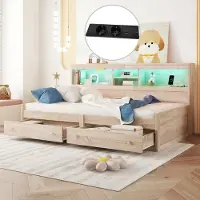 UnboxG Schlafsofa 90*200cm (Naturspanplatte): Nachttisch, 2 USB-Anschlüsse + 2 weitere Anschlüsse, Beleuchtung, 2 Schubladen, Lattenrost (Matratze nicht im Lieferumfang enthalten)