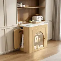 Flieks Ausziehbarer Esstisch mit Aufbewahrungsschrank, Küchentisch mit abnehmbarer Tischplatte, Sideboard mit Led und Ladefunktion, Natur
