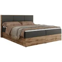 MKS Meble Boxspringbett, Doppelbett mit bettkasten und Multipocket-Matratze, Polsterbett mit Kopfteil, Eiche Holzrahmen - Albero-2 - 200x200cm - Dunkelgrau Kunstleder - H4