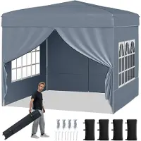 Costway Pavillon 3x3m, Pop up Faltpavillon mit 4 abnehmbaren Seitenwänden & Sonnenschutz, 3-fach höhenverstellbares Partyzelt, Gartenpavillon Grau