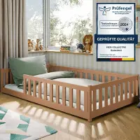 KIDS Collection Kinderbett Bodenbett 120x200 cm mit Rausfallschutz & Lattenrost Montessori Bett Bed Gitterbett Kinder Jugendbett Einzelbett | Zimt