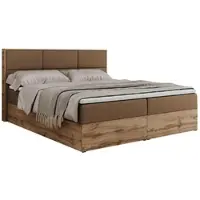 MKS Meble Boxspringbett, Doppelbett mit bettkasten und Multipocket-Matratze, Polsterbett mit Kopfteil, Eiche Holzrahmen - Albero-2 - 200x200cm - Braun Kunstleder - H3