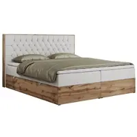 MKS Meble Boxspringbett 200x200 mit Bettkasten Eiche, Polsterbett 200x200 mit Matratze H4, Bett 200x200 mit Kopfteil, Bett mit Holzrahmen in Wotan Eiche - Weiß Kunstleder - Amore