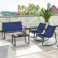 GIANTEX 4 TLG. Gartenmöbel Lounge Set, Gartenlounge Set mit Couchtisch & Gartenbank & 2 Schaukelstühlen, mit sanfter Schaukelbewegung, Blau