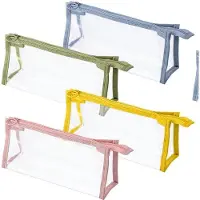 OEM Set von 4 transparenten Etuis, Schreibtasche für Studenten, Reisekoffer für Kosmetik, Pencilcase in Rosa, Blau, Grün, Gelb