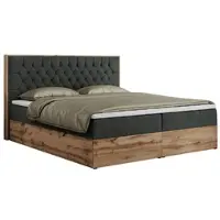 MKS Meble Boxspringbett 200x200 mit Bettkasten Eiche, Polsterbett 200x200 mit Matratze H3, Bett 200x200 mit Kopfteil, Bett mit Holzrahmen in Wotan Eiche - Dunkelgrau Struktur - Amore