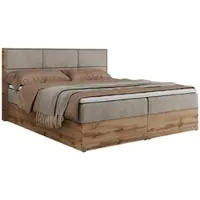 MKS Meble Boxspringbett, Doppelbett mit bettkasten und Multipocket-Matratze, Polsterbett mit Kopfteil, Eiche Holzrahmen - Albero-2 - 160x200cm - Beige Struktur - H4