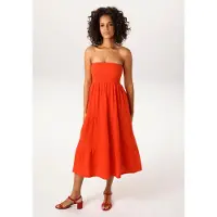 Aniston Sommerkleid CASUAL, Damen, Gr. 34, N-Gr, Web, rot (orangerot), Web, Obermaterial: 100% Baumwolle, unifarben, figurumspielend kniefrei, Kleider Sommerkleid, - auch als Maxirock tragbar