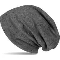 StyleBREAKER Beanie "Beanie mit Strass Nieten Applikation", Damen, grau (dunkelgrau), Obermaterial: 65% Baumwolle CO. 35% Polyester PES., Modisch, Mützen Beanie