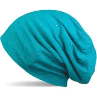 StyleBREAKER Beanie "Beanie mit Strass Nieten Applikation", Damen, blau (türkis), Obermaterial: 65% Baumwolle CO. 35% Polyester PES., Modisch, Mützen Beanie