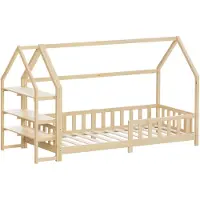 ML-Design Kinderbett 90x200cm mit Rausfallschutz, Regal, Dach & Lattenrost Natur Montessori Bodenbett aus massivem Kiefernholz Hausbett Bettenhaus