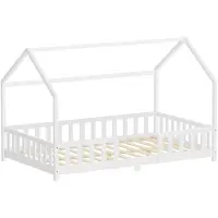 ML-Design Kinderbett 120x200cm mit Rausfallschutz, Dach & Lattenrost Weiß Montessori Bodenbett aus massivem Kiefernholz Hausbett für Mädchen & Jungen