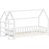 ML-Design Kinderbett 90x200cm mit Rausfallschutz, Regal, Dach & Lattenrost Weiß Montessori Bodenbett aus massivem Kiefernholz Hausbett Bettenhaus
