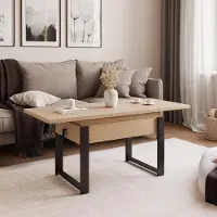 Idohome - Ausziehbarer Couchtisch TIVOR 120-157 cm mit Metallgestell moderner, Farbe: Eiche Bookmatch, Gestell: Schwarz
