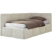 MKS Meble Jugendbett 90x200 cm ARVO Polsterbett mit Bettkasten, Mettalrahmen Stauraum & Gasdruckfeder, Foam Matratze - Beige Strukture - Rechts Seite
