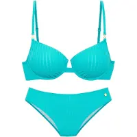 LASCANA Bügel-Bikini "Omono", Damen, Gr. 42, Cup F, blau (türkis), Recycling-Polyamid, Strukturmuster, Bikini-Sets Bügel-Bikini, mit Zierschnallen