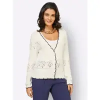 Création L Strickjacke "Strickjacke Ajourstrickjacke mit kontrastfarbigen Kanten", Damen, Gr. 52, weiß (ecru), Elegant, V-Ausschnitt, Strickjacken Strickjacke