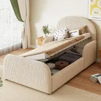 STILVORA Kinder-Polsterbett 90x200 cm mit hydraulischem Stauraum und hohem Kopfteil, Kinderbett mit Fußteil und halbhohen Sicherheits-Handläufen, Stauraumbett Beige,Samt