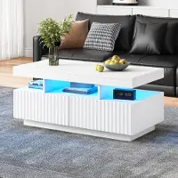 Merax moderner Couchtisch mit LED und 2 Schubladen Wohnzimmertisch mit offenem Fach, Sofatisch vertikale Streifenoptik, vakuumgeformter Teetisch Weiß