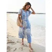 Inspirationen Sommerkleid "Sommerkleid", Damen, Gr. 46, Normalgrößen, blau (ecru, bleu, bedruckt), 100% Viskose, bedruckt, gemustert, mehrfarbig, wadenlang, V-Ausschnitt, Kleider Sommerkleid