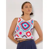 Apricot Crop-Top "Diamond Crochet Crop Weste" Gr. 38, blau, Tops, Damen, M (38), Grobstrick, Obermaterial: 100% Polyacryl PAN., gemustert, Crop-Top, in Cop-Länge