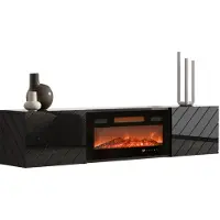 Mirjan 24 TV-Lowboard Luxe mit Kamin, zwei Drehtüren, Realistische LED-Flamme, Gehärtetes Glas, 180x33x39 cm (Farbe: Schwarz / Schwarz Hochglanz)