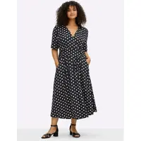 Sheego Sommerkleid BY JOE BROWNS "Jersey-Kleid Jerseykleid mit Polka-Dots", Damen, Gr. 58, N-Gr, schwarz-weiß (schwarz, weiß, gemustert), Elegant, V-Ausschnitt, Kleider Sommerkleid