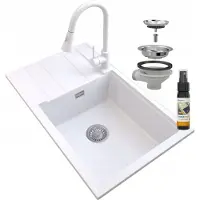 Granitan - Granitspüle - Küchenspüle - 80x50 cm - Weiß - mit Armatur SNAKE und Abtropfgestell - LOUIS