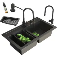 Granitan - Granitspüle - Küchenspüle - 2 Becken - 75x45 cm - Schwarz - mit Armatur GRADO und Siphon - DUET