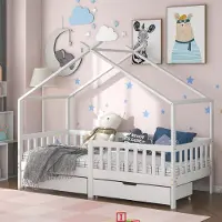 Merax Kinderbett 90x200 cm Hausbett mit Rausfallschutz, Bettkasten & Lattenrost, Kiefer Hausbett für Kinder mit Dach, Kinderhaus für Jungen & Mädchen, Weiß