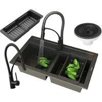 Granitan - Granitspüle - Küchenspüle - 2 Becken - 75x45 cm - Schwarz - mit Armatur NEXO und Siphon - DUET