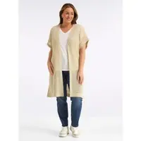 Sheego Strickweste "Long-Strickweste Strickweste mit Ajourmuster und Glitzergarn", Damen, Gr. 52/54, beige (sand), Modisch, V-Ausschnitt, Westen Strickweste
